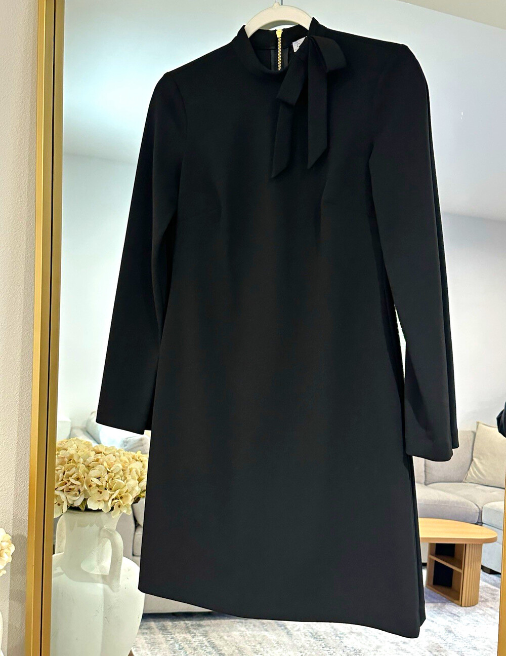 Calvin Klein Women’s Size 2 Black Shift Dress Long Sleeve Mock Neck Asym Bow Zip